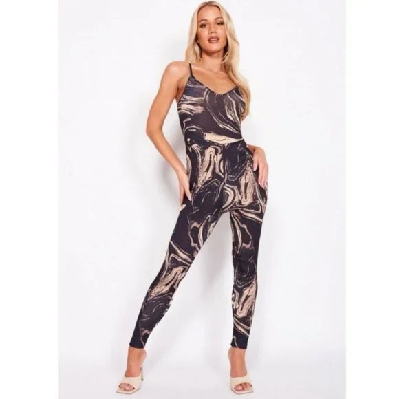 Marble Print Sleeveless V-Neck Bodycon Jumpsuit Playsuit - Picture 1 of 15